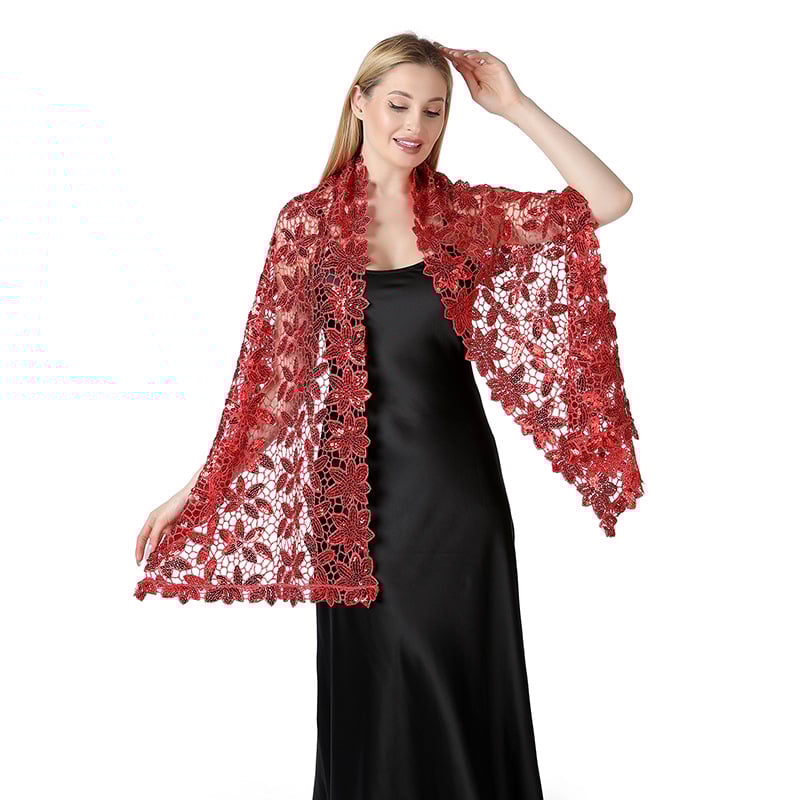 Šal za nevjestu i kumu — šljokice, izvezen, poliestersko vlakno, cvjetni uzorak