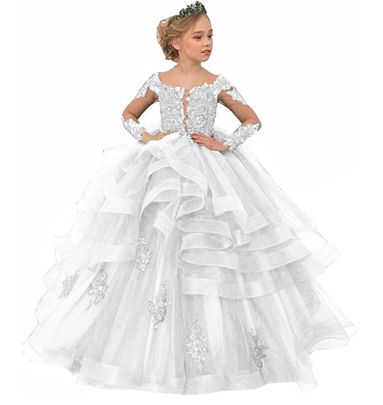 Nėrinių princesės suknelė su ilgomis rankovėmis sceniniams pasirodymams — mergaitėms nuo 3 iki 8 metų, mergaitė, nėriniai, pagrindinis audinys 50% poliesteris, pamušalas 50% poliesteris