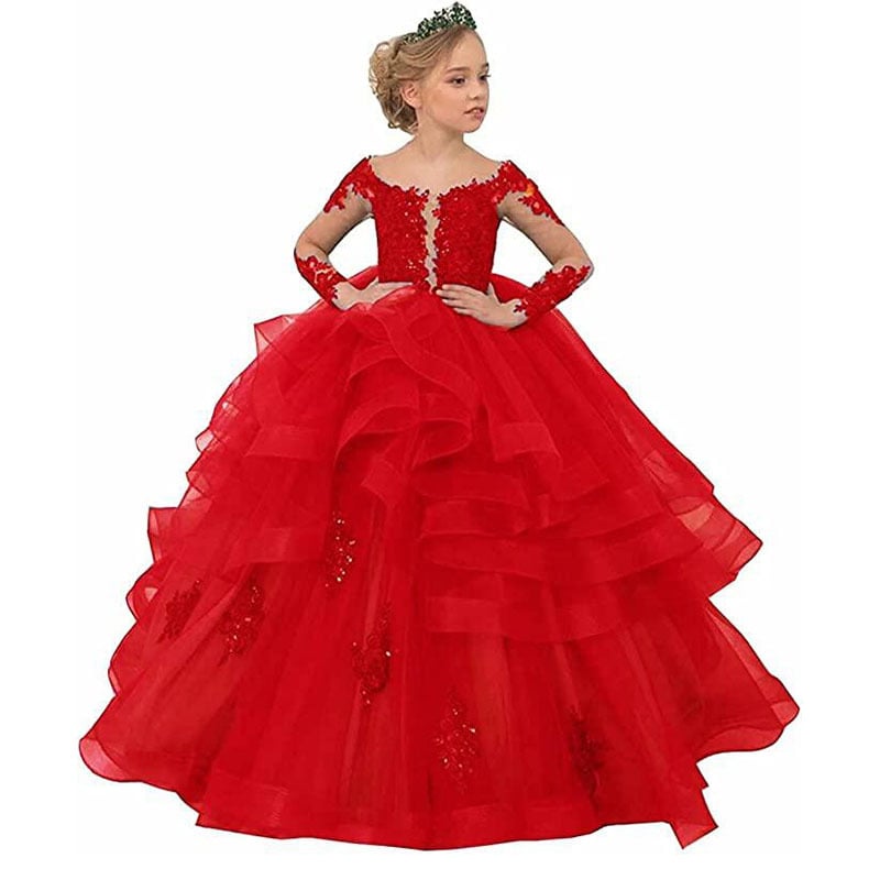 Nėrinių princesės suknelė su ilgomis rankovėmis sceniniams pasirodymams — mergaitėms nuo 3 iki 8 metų, mergaitė, nėriniai, pagrindinis audinys 50% poliesteris, pamušalas 50% poliesteris