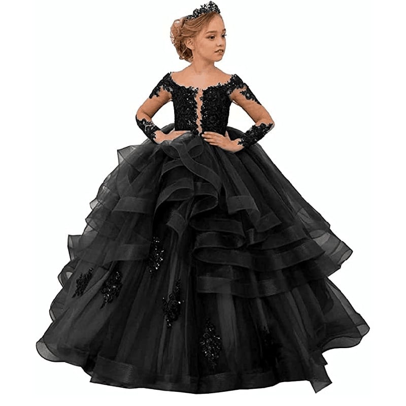 Nėrinių princesės suknelė su ilgomis rankovėmis sceniniams pasirodymams — mergaitėms nuo 3 iki 8 metų, mergaitė, nėriniai, pagrindinis audinys 50% poliesteris, pamušalas 50% poliesteris