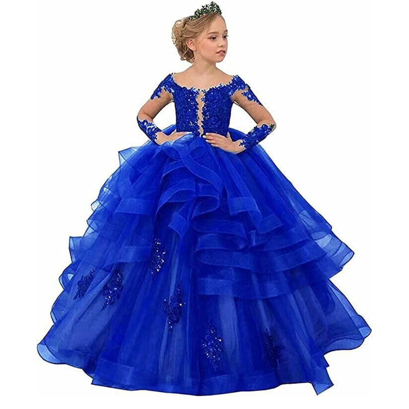 Nėrinių princesės suknelė su ilgomis rankovėmis sceniniams pasirodymams — mergaitėms nuo 3 iki 8 metų, mergaitė, nėriniai, pagrindinis audinys 50% poliesteris, pamušalas 50% poliesteris