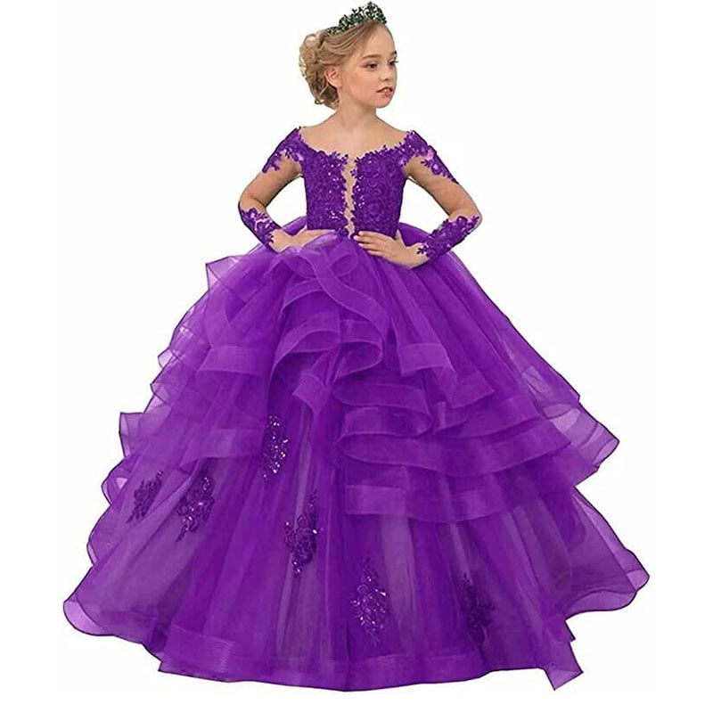 Nėrinių princesės suknelė su ilgomis rankovėmis sceniniams pasirodymams — mergaitėms nuo 3 iki 8 metų, mergaitė, nėriniai, pagrindinis audinys 50% poliesteris, pamušalas 50% poliesteris