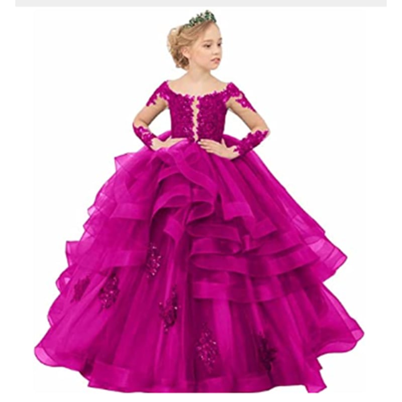 Nėrinių princesės suknelė su ilgomis rankovėmis sceniniams pasirodymams — mergaitėms nuo 3 iki 8 metų, mergaitė, nėriniai, pagrindinis audinys 50% poliesteris, pamušalas 50% poliesteris