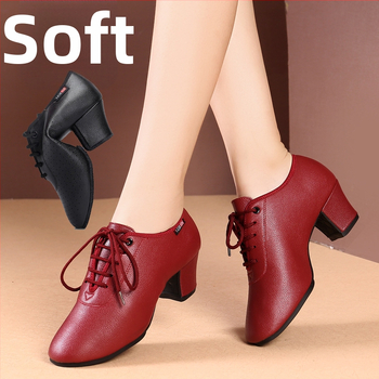 Sieviešu deju kurpes - Sintētiskās ādas augšdaļa, gumijas zole, vidējs papēdis, elpojošas, šokizturīgas