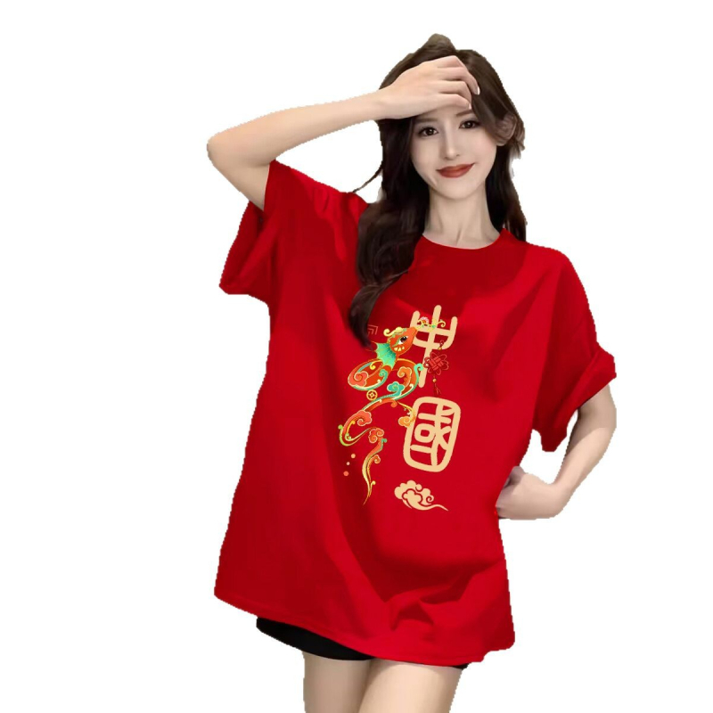 Ženski crveni pamučni T‑shirt s kratkim rukavima, plus veličina, ljeto 2025, udoban kroj, okrugli izrez, anime print, japansko-korejski ležerni stil