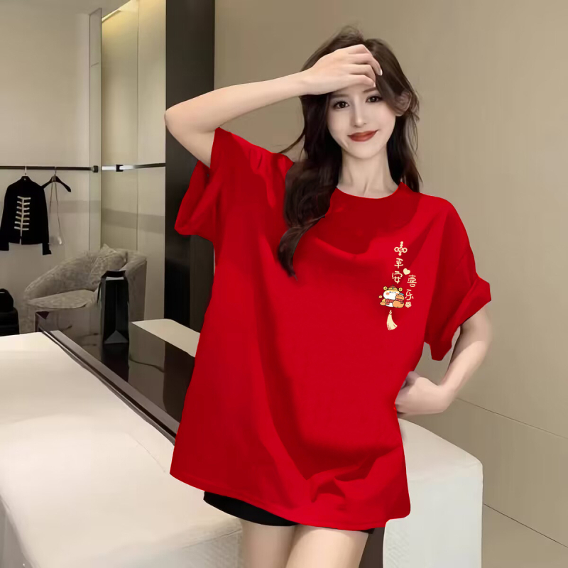 Ženski crveni pamučni T‑shirt s kratkim rukavima, plus veličina, ljeto 2025, udoban kroj, okrugli izrez, anime print, japansko-korejski ležerni stil