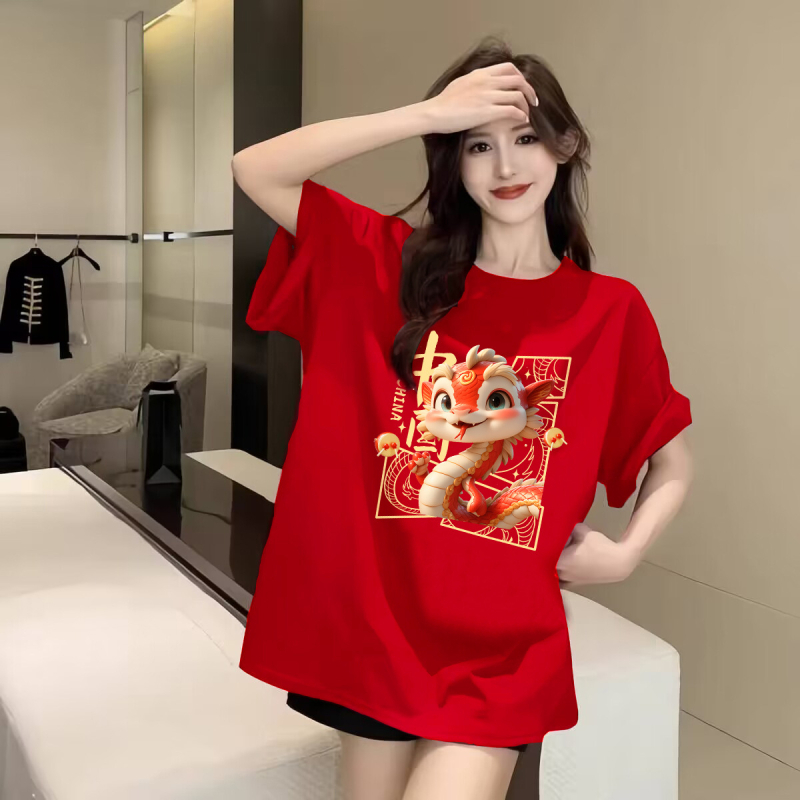 Ženski crveni pamučni T‑shirt s kratkim rukavima, plus veličina, ljeto 2025, udoban kroj, okrugli izrez, anime print, japansko-korejski ležerni stil