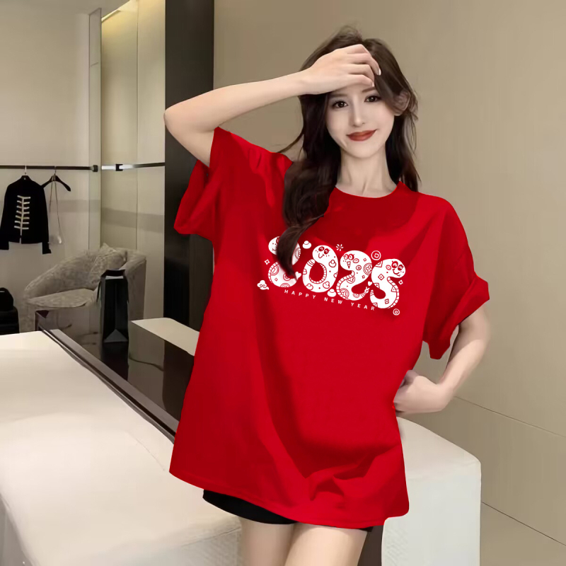 Ženski crveni pamučni T‑shirt s kratkim rukavima, plus veličina, ljeto 2025, udoban kroj, okrugli izrez, anime print, japansko-korejski ležerni stil