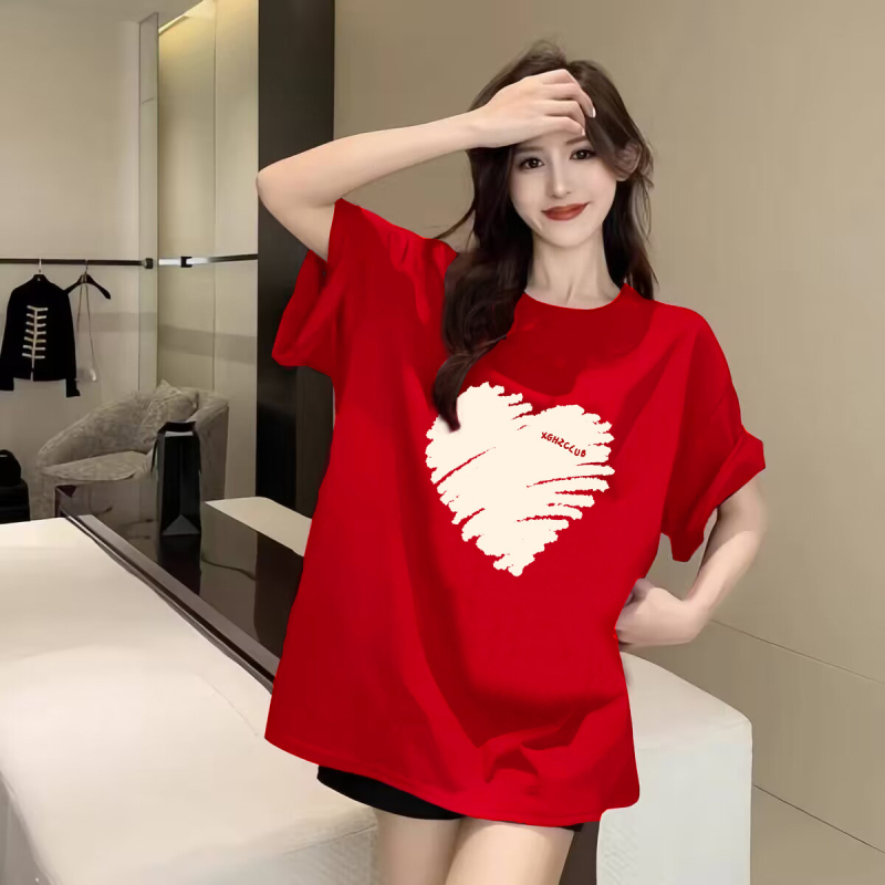 Ženski crveni pamučni T‑shirt s kratkim rukavima, plus veličina, ljeto 2025, udoban kroj, okrugli izrez, anime print, japansko-korejski ležerni stil
