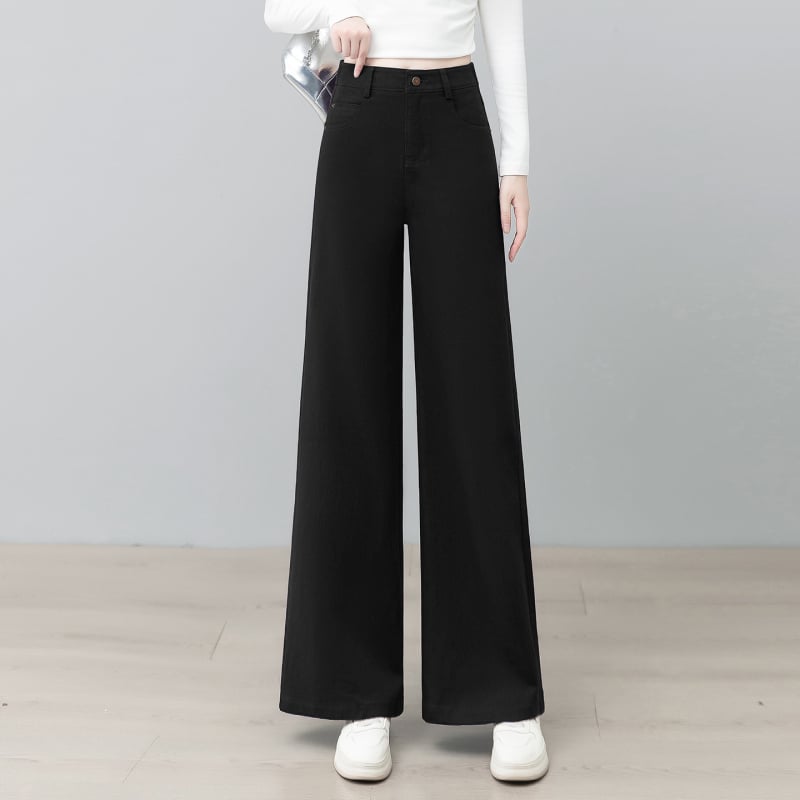 Γυναικείοι τζιν παντελόνες από μείγμα Tencel-βαμβάκι, ψηλόμεσο, επενδεδυμένο με φλίς, χοντρό, μικροελαστικό, ίσια γραμμή με ελαφρύ άνοιγμα