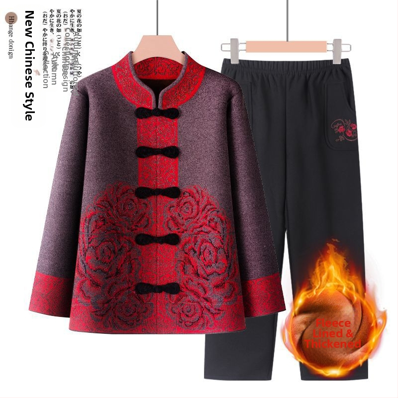 Suknja-kostim za starije žene, dugi rukavi, ovčja vunena tkanina s PVC kao glavnim materijalom, proljeće 2025.