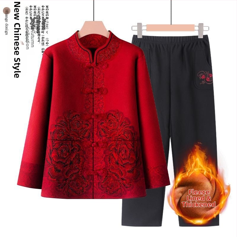 Suknja-kostim za starije žene, dugi rukavi, ovčja vunena tkanina s PVC kao glavnim materijalom, proljeće 2025.