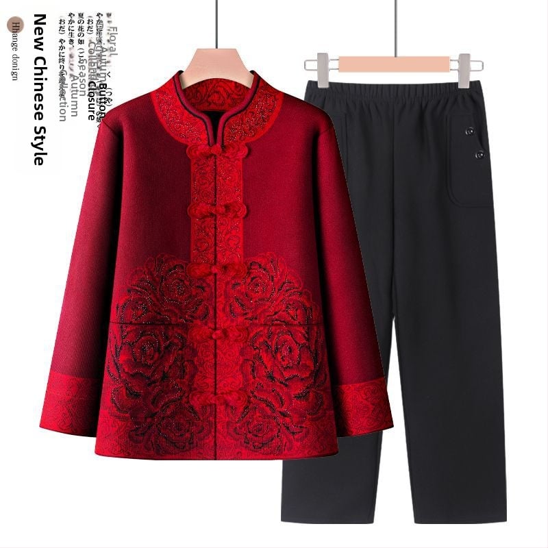 Suknja-kostim za starije žene, dugi rukavi, ovčja vunena tkanina s PVC kao glavnim materijalom, proljeće 2025.