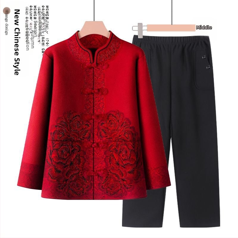 Suknja-kostim za starije žene, dugi rukavi, ovčja vunena tkanina s PVC kao glavnim materijalom, proljeće 2025.