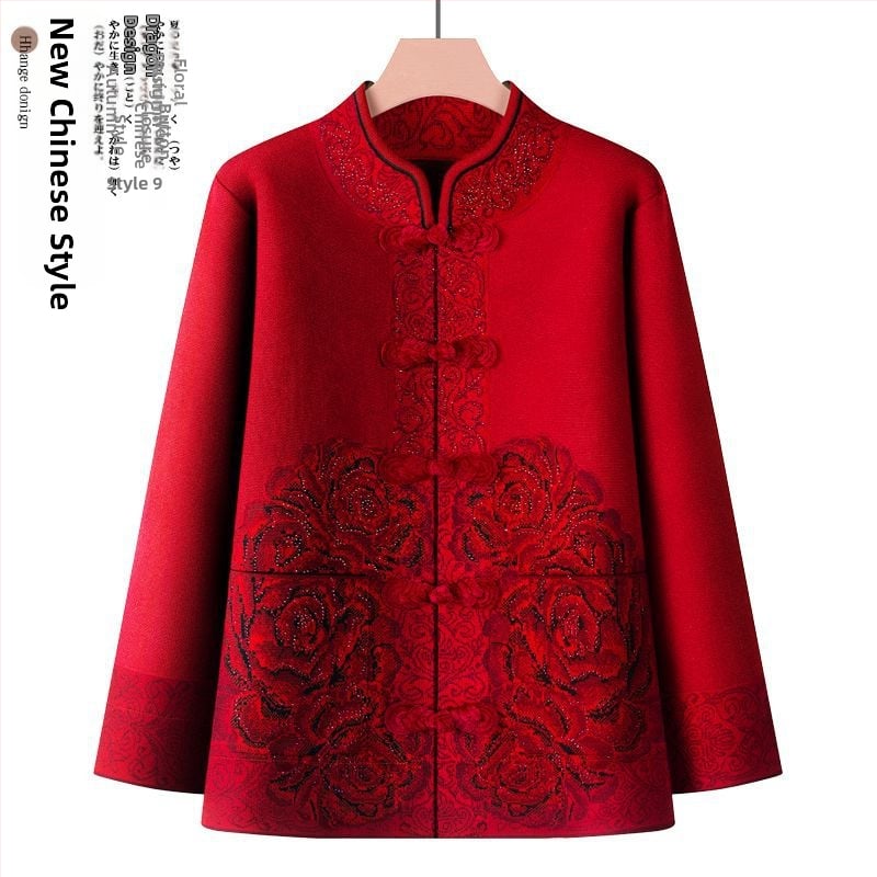 Suknja-kostim za starije žene, dugi rukavi, ovčja vunena tkanina s PVC kao glavnim materijalom, proljeće 2025.