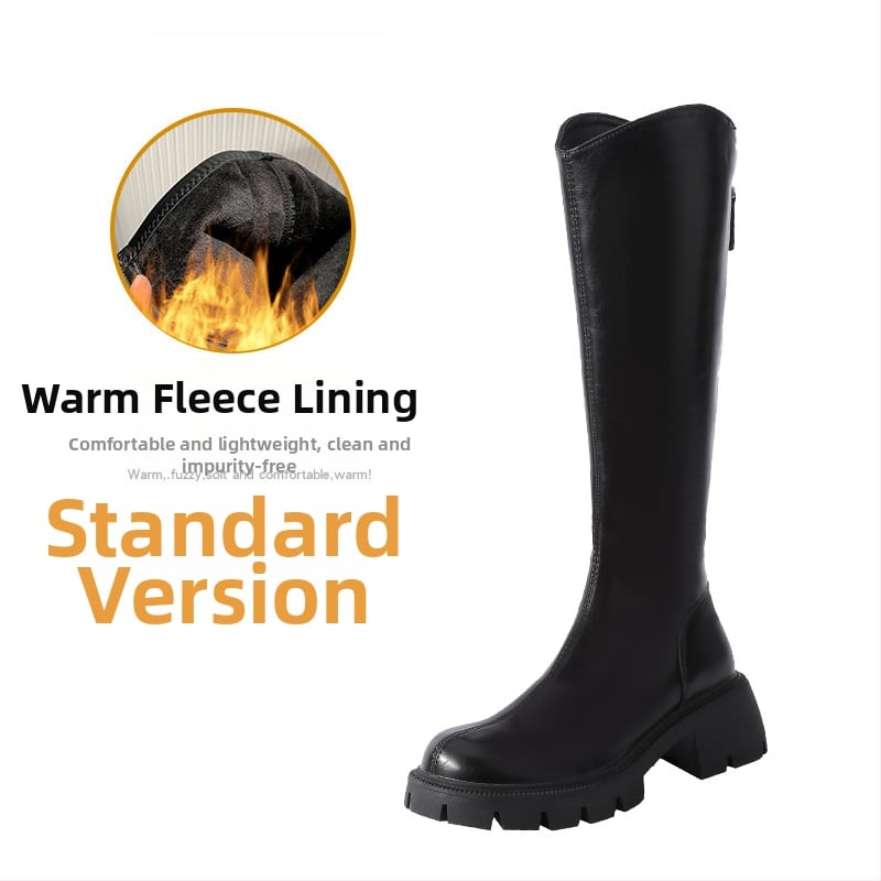 Čizme viteškog stila od prave kože; okrugli vrh; debeli pet; stražnji zatvarač; visok potkoljenica