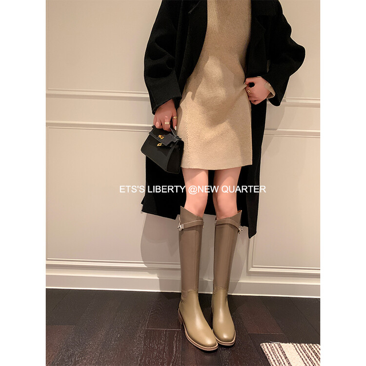 Moteriški riterio batai iš tikros odos, retro stilius, aukštas vamzdelis, masyvus kulnas 3–5 cm, šoninis užtrauktukas