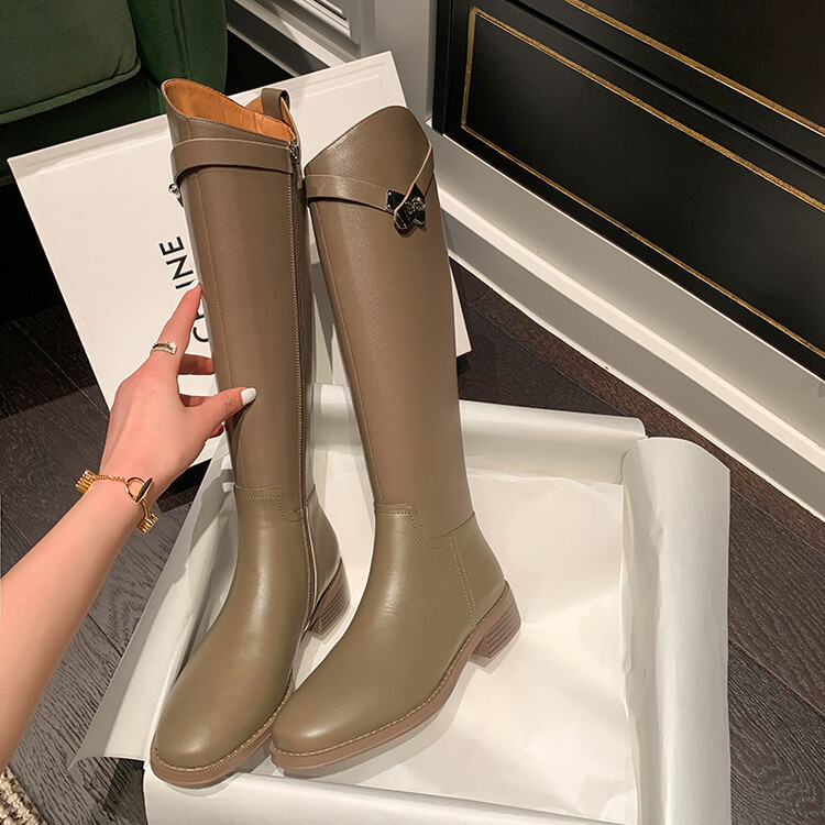 Moteriški riterio batai iš tikros odos, retro stilius, aukštas vamzdelis, masyvus kulnas 3–5 cm, šoninis užtrauktukas