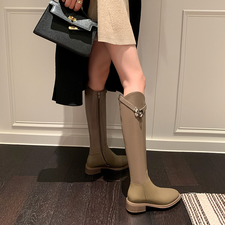 Moteriški riterio batai iš tikros odos, retro stilius, aukštas vamzdelis, masyvus kulnas 3–5 cm, šoninis užtrauktukas