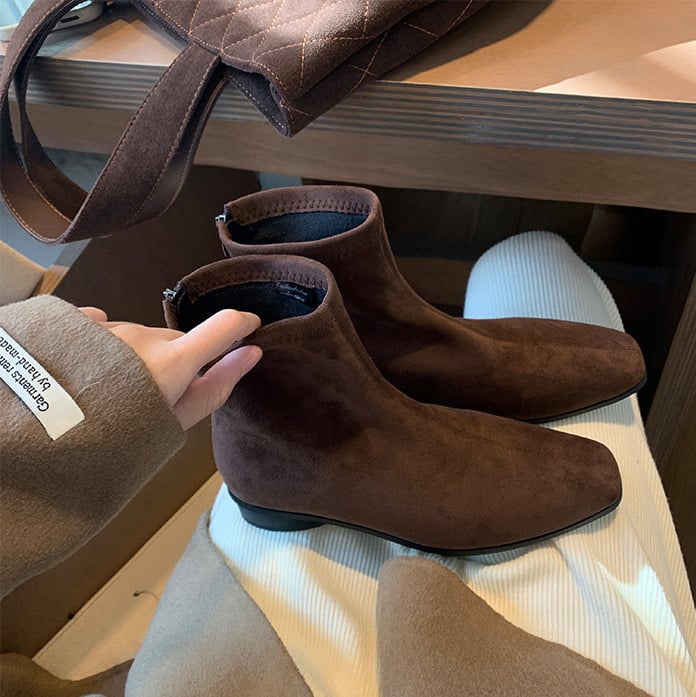 Ženske Martin čizme u retro stilu, kvadratni vrh, semiš, debeli pet 6–8 cm, stražnji zatvarač