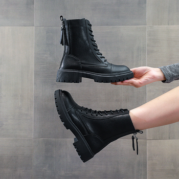 Sieviešu Martin zābaki ar bieza zoli, augšdaļa no divslāņu liellādas ādas, gumijas zole, lateksa iekšējā zole, 6–8 cm papēdis, korejiešu stils