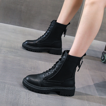 Sieviešu Martin zābaki ar bieza zoli, augšdaļa no divslāņu liellādas ādas, gumijas zole, lateksa iekšējā zole, 6–8 cm papēdis, korejiešu stils