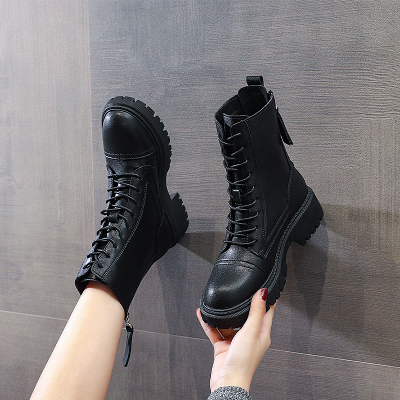 Sieviešu Martin zābaki ar bieza zoli, augšdaļa no divslāņu liellādas ādas, gumijas zole, lateksa iekšējā zole, 6–8 cm papēdis, korejiešu stils