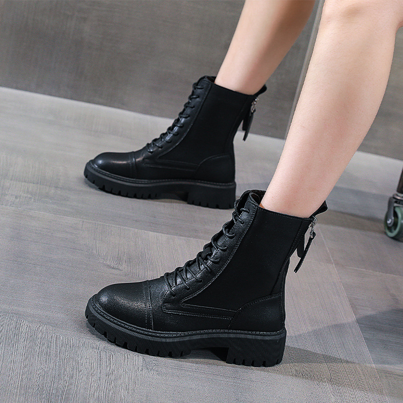 Sieviešu Martin zābaki ar bieza zoli, augšdaļa no divslāņu liellādas ādas, gumijas zole, lateksa iekšējā zole, 6–8 cm papēdis, korejiešu stils