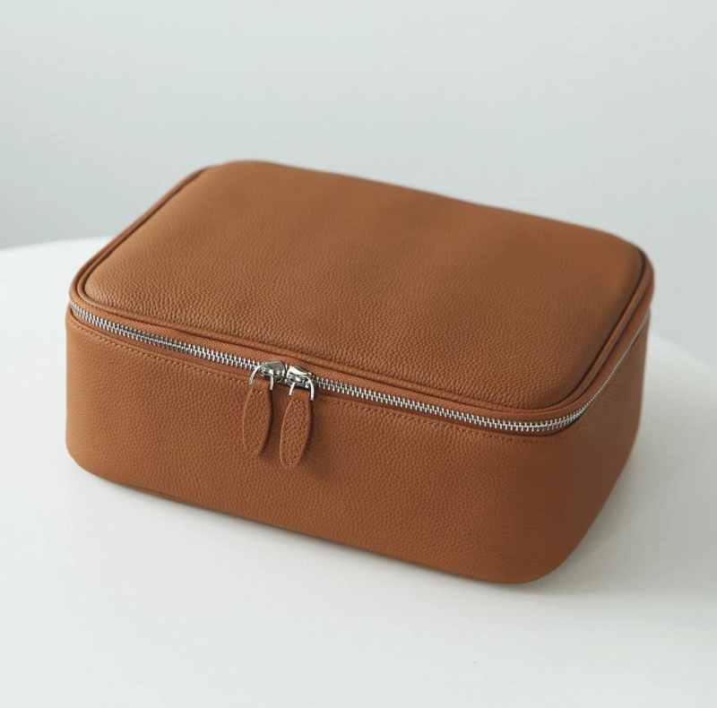 Patiesa ādas biscuit stila kosmētikas soma - pārnēsājama, daudzfunkcionāls ceļojumu kosmētikas organizētājs ar paplašināmu kapacitāti (pirmās slāņa liellopu āda; kanvas iekšējā odai; rāvējslēdzējs)