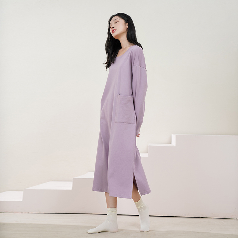 Ženska duga noćna haljina, 100% pamuk, okrugli ovratnik, dugi rukavi, labavo krojena, za kućnu upotrebu, jesen