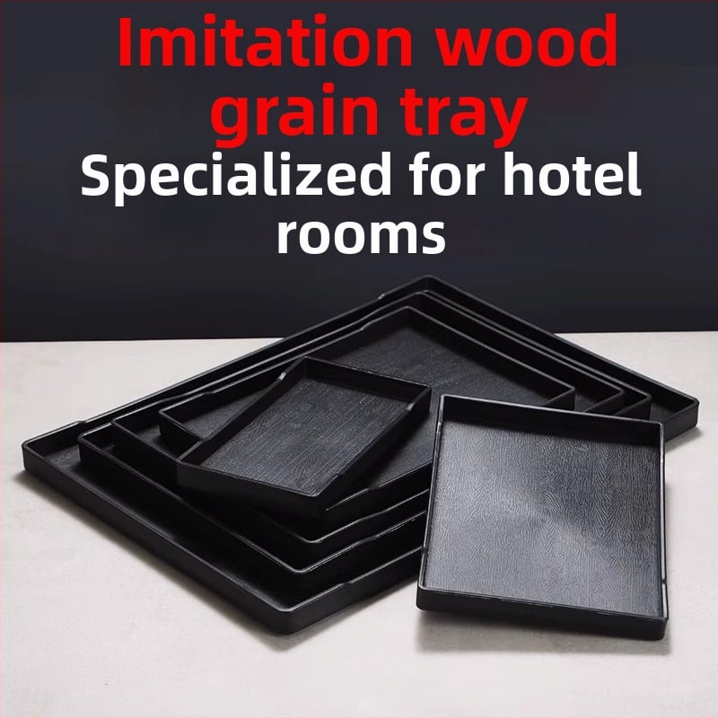 Viesnīcas trauciņš - PP plastmasa, koka imitācijas stils, taisnstūrains, neslīdošs, piemērots glāzēm un kosmētikas uzglabāšanai, ar logotipa druku