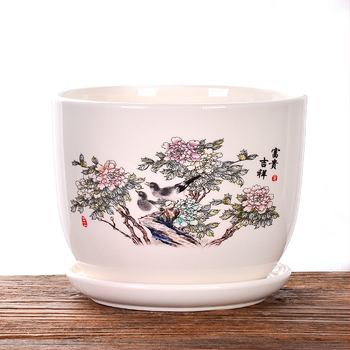 Ghiveci ceramic cu farfurie, decal glazurat (Roller Decal); potrivit pentru birou, casă, balcon; durabil, rezistent la coroziune, nu se deformează