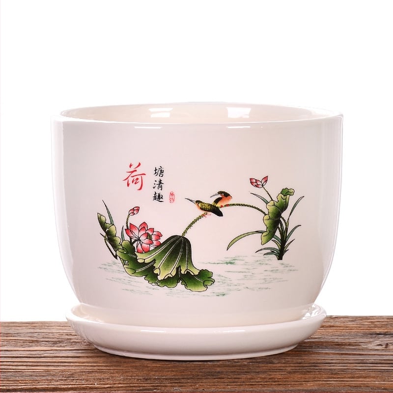 Ghiveci ceramic cu farfurie, decal glazurat (Roller Decal); potrivit pentru birou, casă, balcon; durabil, rezistent la coroziune, nu se deformează