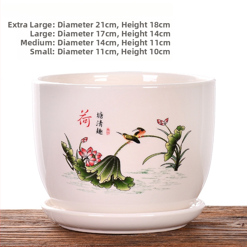 Ghiveci ceramic cu farfurie, decal glazurat (Roller Decal); potrivit pentru birou, casă, balcon; durabil, rezistent la coroziune, nu se deformează