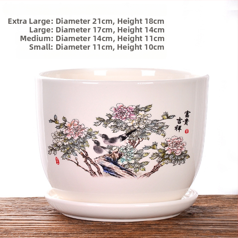 Ghiveci ceramic cu farfurie, decal glazurat (Roller Decal); potrivit pentru birou, casă, balcon; durabil, rezistent la coroziune, nu se deformează