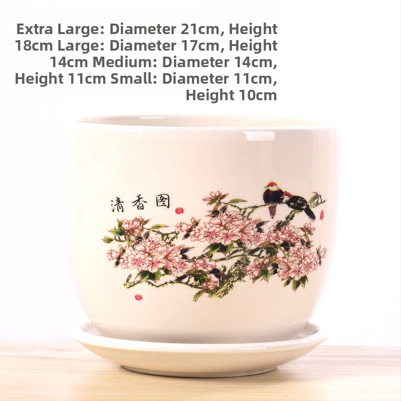 Ghiveci ceramic cu farfurie, decal glazurat (Roller Decal); potrivit pentru birou, casă, balcon; durabil, rezistent la coroziune, nu se deformează