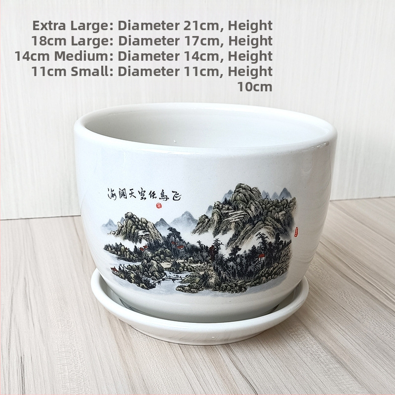 Ghiveci ceramic cu farfurie, decal glazurat (Roller Decal); potrivit pentru birou, casă, balcon; durabil, rezistent la coroziune, nu se deformează