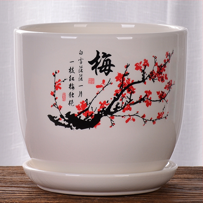 Ghiveci ceramic cu farfurie, decal glazurat (Roller Decal); potrivit pentru birou, casă, balcon; durabil, rezistent la coroziune, nu se deformează