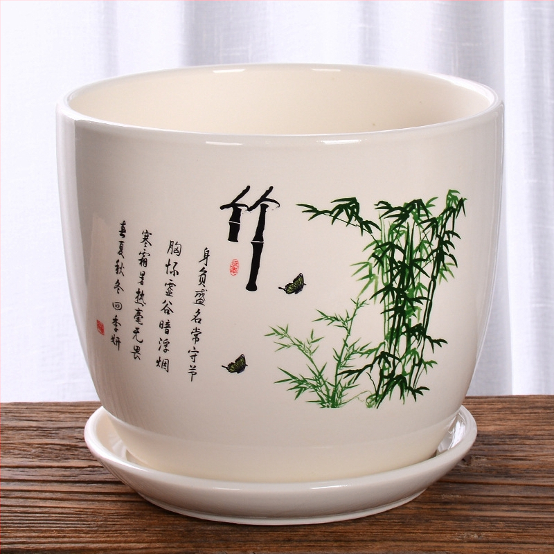 Ghiveci ceramic cu farfurie, decal glazurat (Roller Decal); potrivit pentru birou, casă, balcon; durabil, rezistent la coroziune, nu se deformează