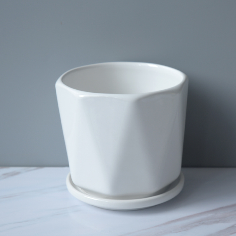 Ghiveci ceramic cu farfurie, decal glazurat (Roller Decal); potrivit pentru birou, casă, balcon; durabil, rezistent la coroziune, nu se deformează