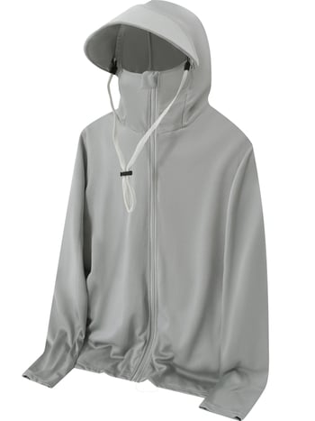 Kapucēta viegls elpojošs krekls no polipropilēna auduma, piemērots ārējai makšķerēšanai, ar sānu kabatām