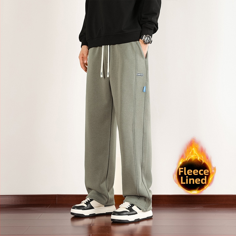 Muške sportske hlače od pamukasto-mješavine s flis podstavom, ravni kroj, visok pojas, zimski model