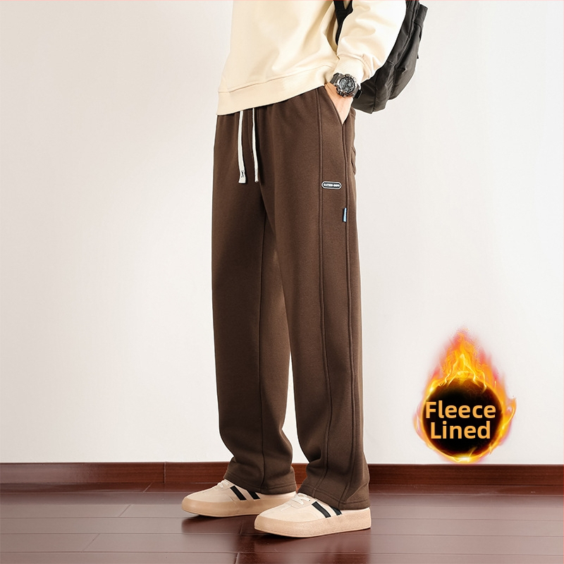 Muške sportske hlače od pamukasto-mješavine s flis podstavom, ravni kroj, visok pojas, zimski model