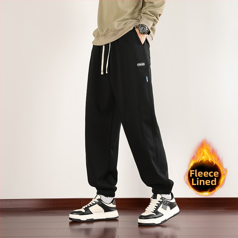 Muške sportske hlače od pamukasto-mješavine s flis podstavom, ravni kroj, visok pojas, zimski model