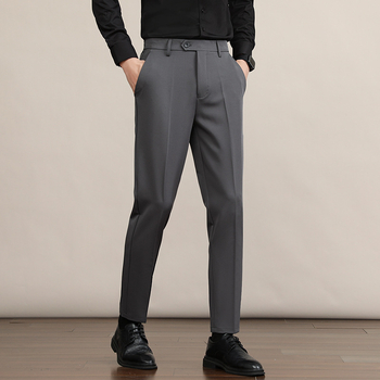 Мъжки прави панталони, дебел полиестер 94.8% и еластан 5.2%, без гладене, антибръчкване, средно-висока талия, цип, зимни бизнес панталони