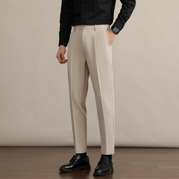 Мъжки прави панталони, дебел полиестер 94.8% и еластан 5.2%, без гладене, антибръчкване, средно-висока талия, цип, зимни бизнес панталони