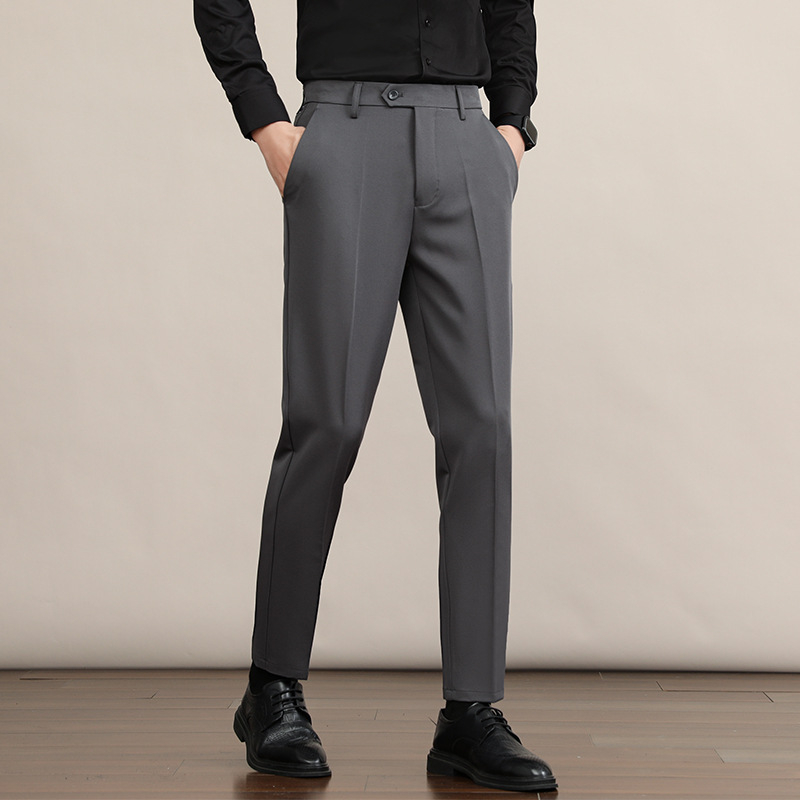 Мъжки прави панталони, дебел полиестер 94.8% и еластан 5.2%, без гладене, антибръчкване, средно-висока талия, цип, зимни бизнес панталони