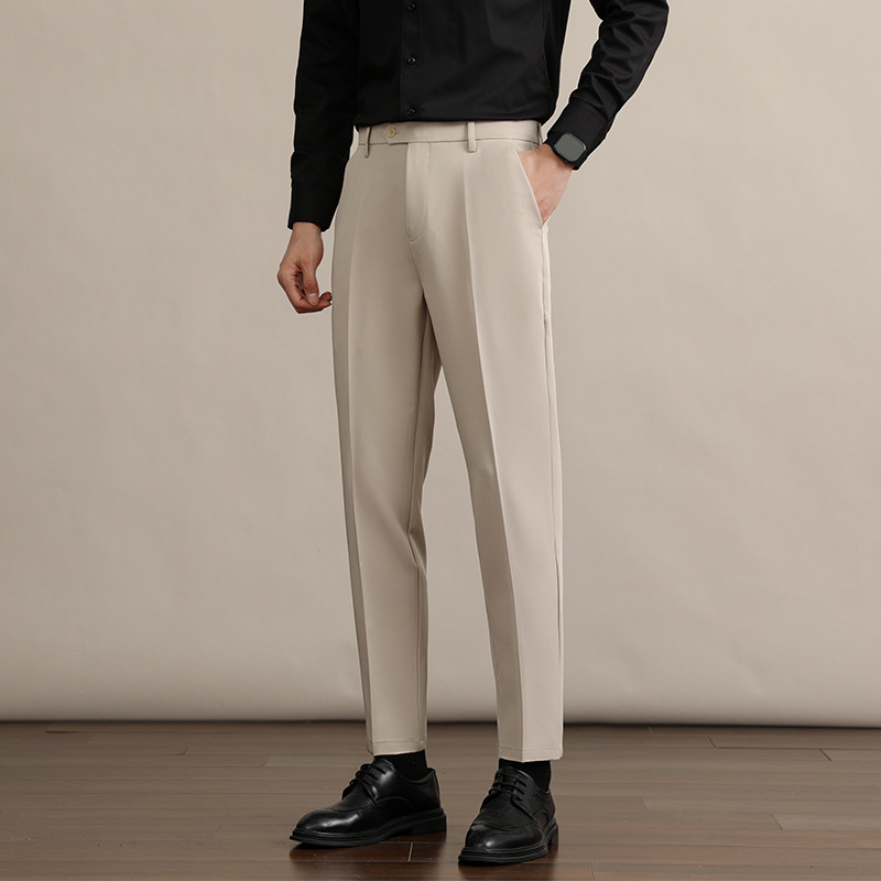 Мъжки прави панталони, дебел полиестер 94.8% и еластан 5.2%, без гладене, антибръчкване, средно-висока талия, цип, зимни бизнес панталони