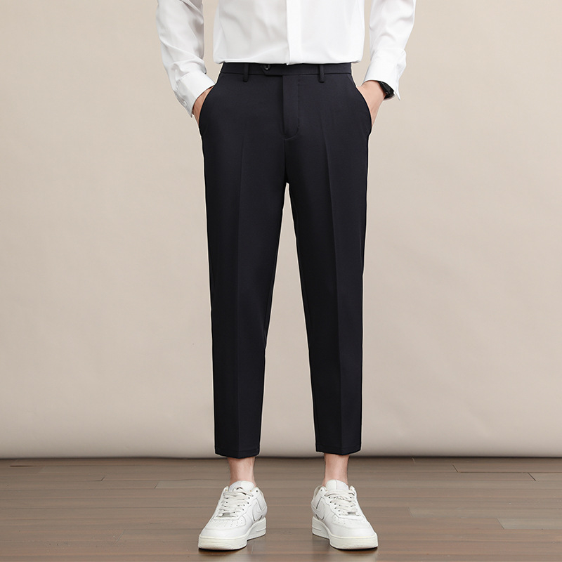 Мъжки прави панталони, дебел полиестер 94.8% и еластан 5.2%, без гладене, антибръчкване, средно-висока талия, цип, зимни бизнес панталони