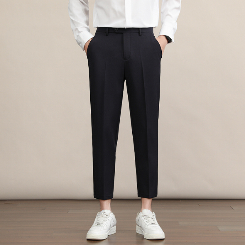 Мъжки прави панталони, дебел полиестер 94.8% и еластан 5.2%, без гладене, антибръчкване, средно-висока талия, цип, зимни бизнес панталони
